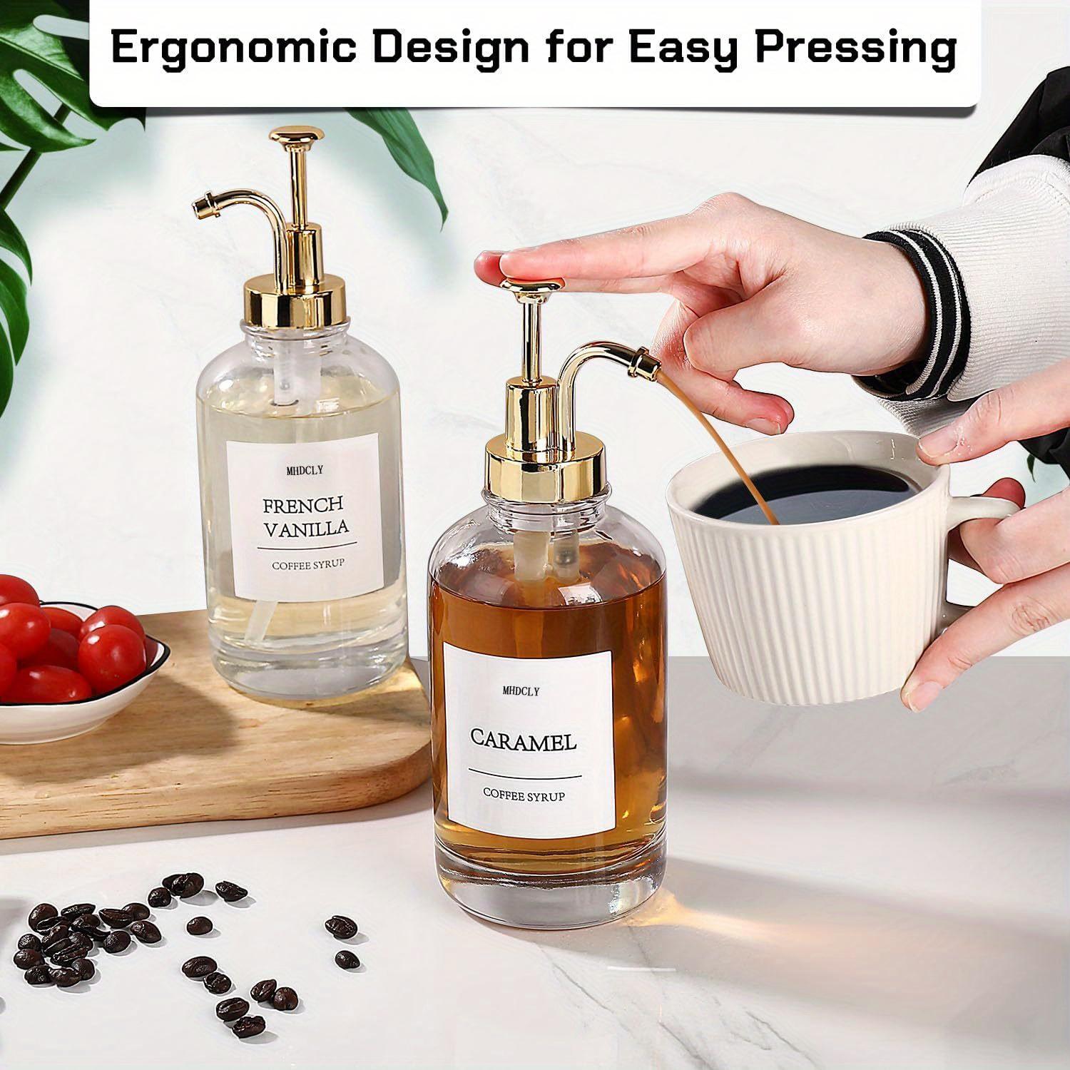 1set Upgraded Pump Liquid Dispensers,Coffee Syrup&Hand Soap&Lotion Precise Dispensing Portable Clear Glass Bottles, Send trays, stickers, funnels.