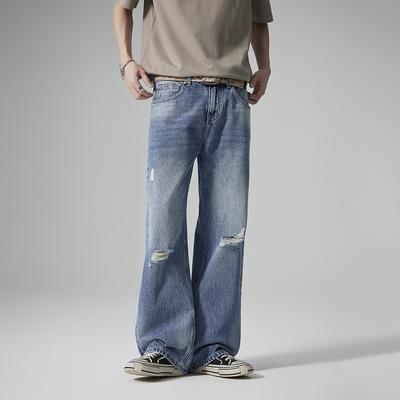 Retro Ripped Jeans Men's Straight Loose Long Draped Wide-leg Pants Men's Trendy Style