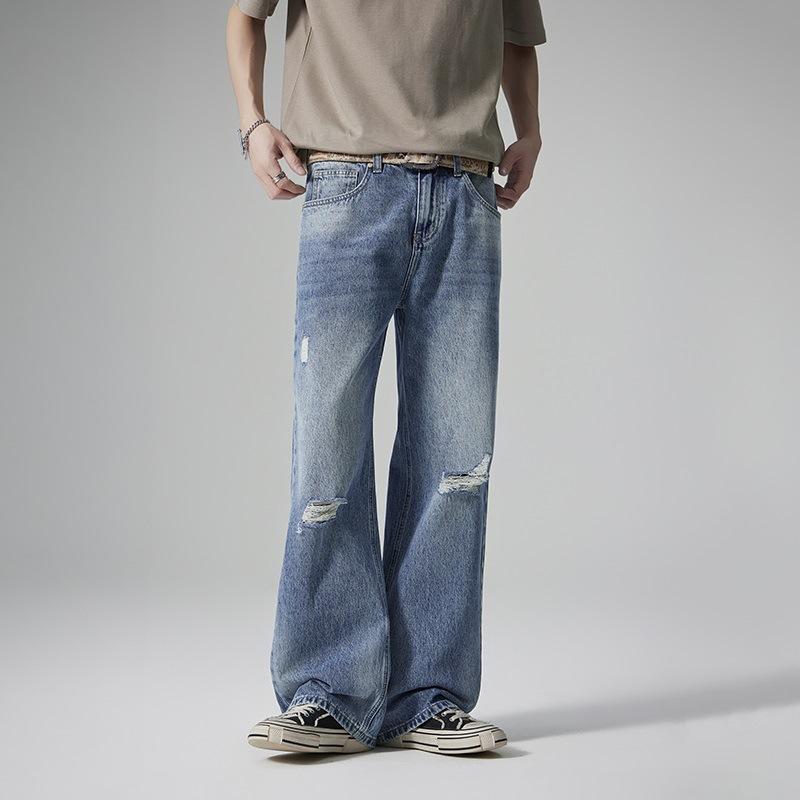 Retro Ripped Jeans Men's Straight Loose Long Draped Wide-leg Pants Men's Trendy Style
