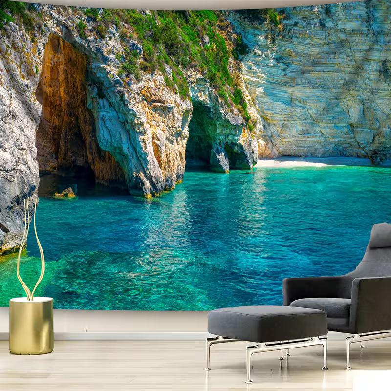 2D Mediterranean Sea Tapestry Tropical Cave Lagoon with Clear Turquoise Water Background Cloth