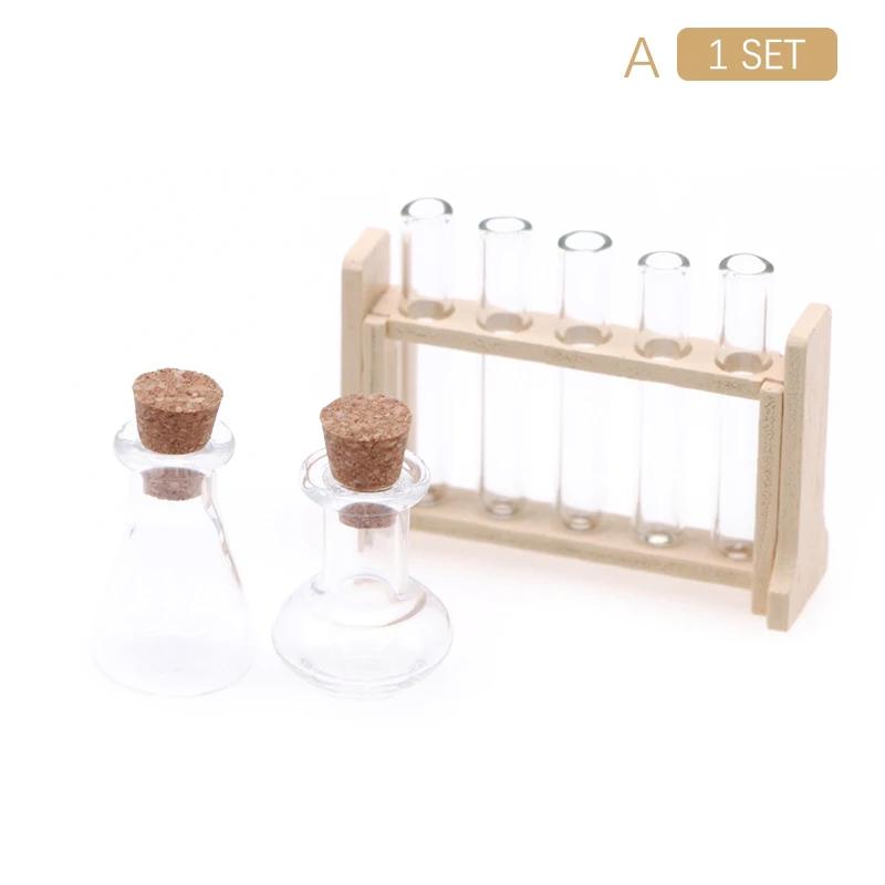 1Set 1:12 Dollhouse Mini Simulated Glass Test Tube Measuring Cup Featuring Rack Laboratory Model Doll House Laboratory Scene Decor