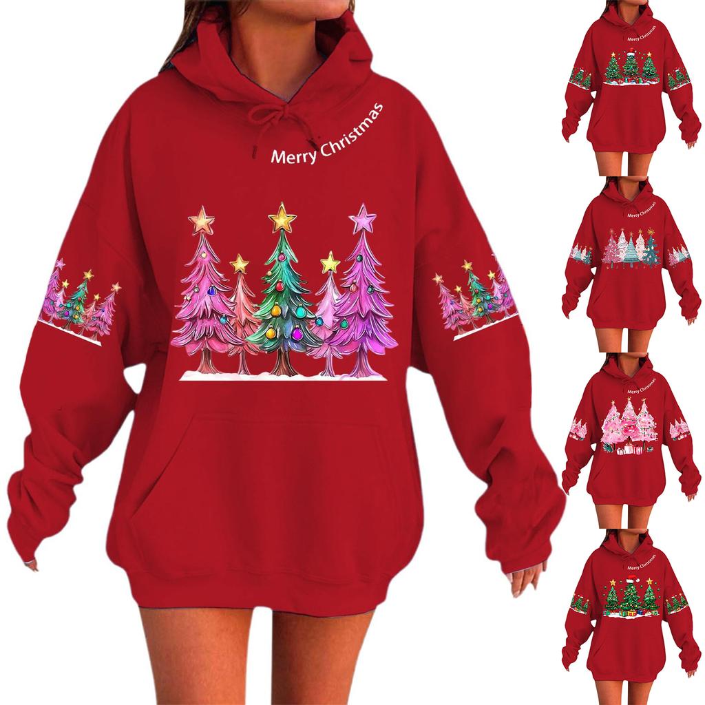 Women's Fashionable Casual Long-Sleeved Christmas Holiday Party Printed Hooded Sweatshirt