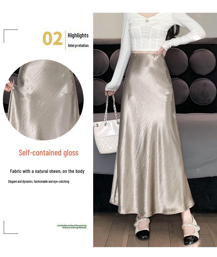 Women's A-line Mermaid Skirt - Spring/Summer 2025 Korean Style Mid-Length Acetate Satin Draped Skirt