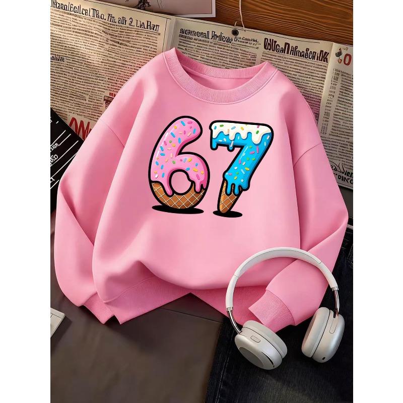 Kids Unisex Crewneck Sweatshirt, Cute Dripping Ice Cream Waffle Cone Shaped Number 6 & 7 With Colorful Sprinkles Print For 7th Birthday Sweet Lover