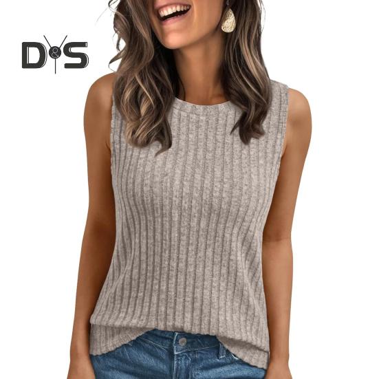 Women Tops Round Neck Sleeveless Slim Fit Knitted Tops Solid Color Elastic Ribbed Tank Tops Daily Wear