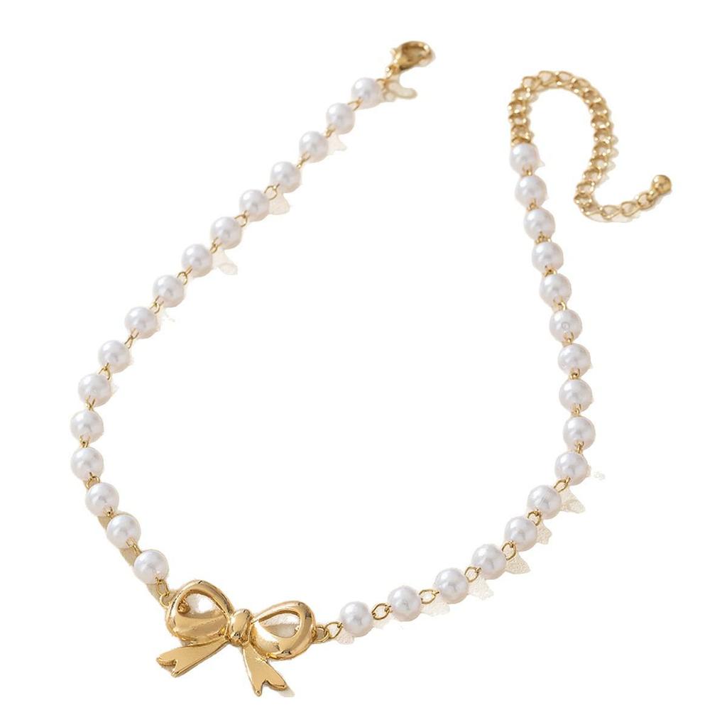 Elegant French Pearl Bow Choker Necklace for Women - Lightweight and Stylish