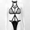 European & American Erotic Lingerie: Sexy Patent Leather Open-Back, Open-Crotch Bodysuit