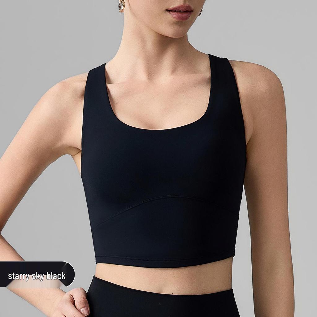 Women's Wide-Strap Cross-Over Sports Bra with Side Support, Shock Absorption, Fixed Cups, Hollow Back, Yoga Vest