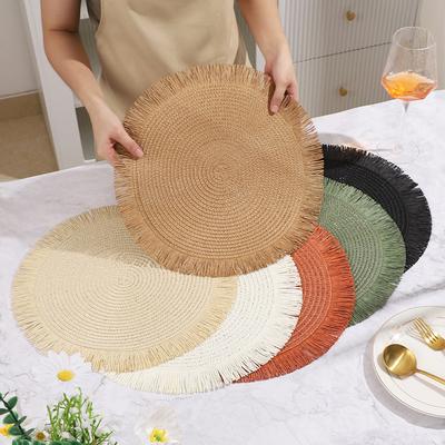 Round Braided Placemats Fringe Paper Table Mats Hand Woven Non-slip Insulation Place Mats Tea Cup Pad Dining Table Decor-HMA5