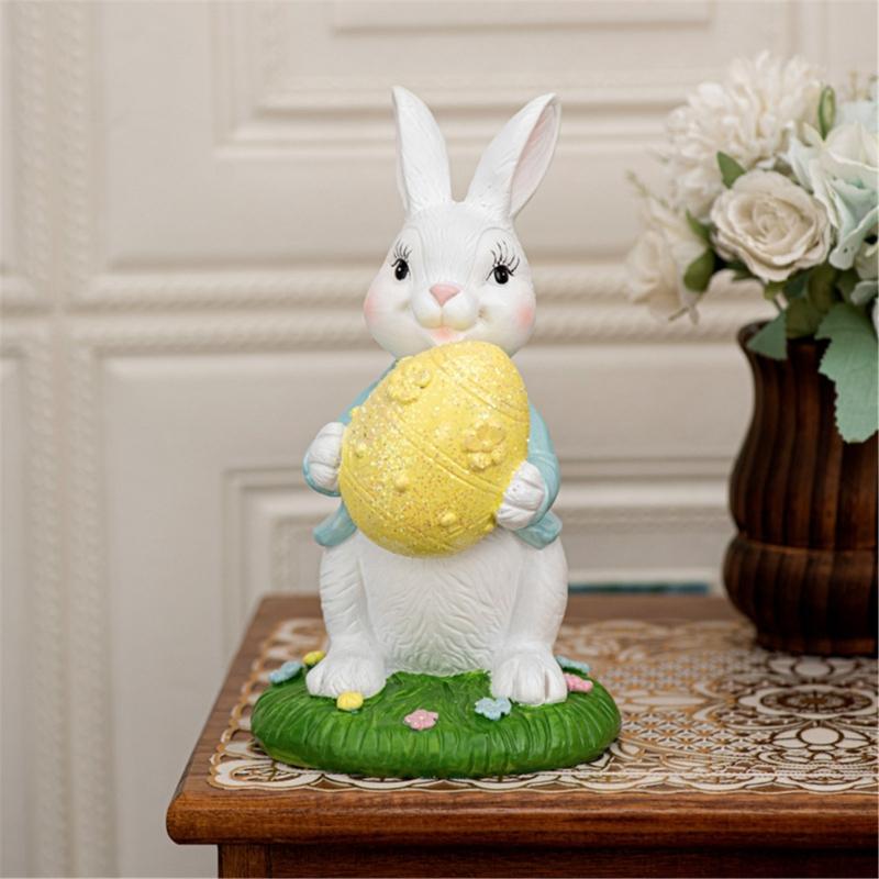 Handcrafts Resins Easters Bunnies Holding Eggs Decoration Cute Rabbit Figurine with Lawn Base for Home and Office Decors