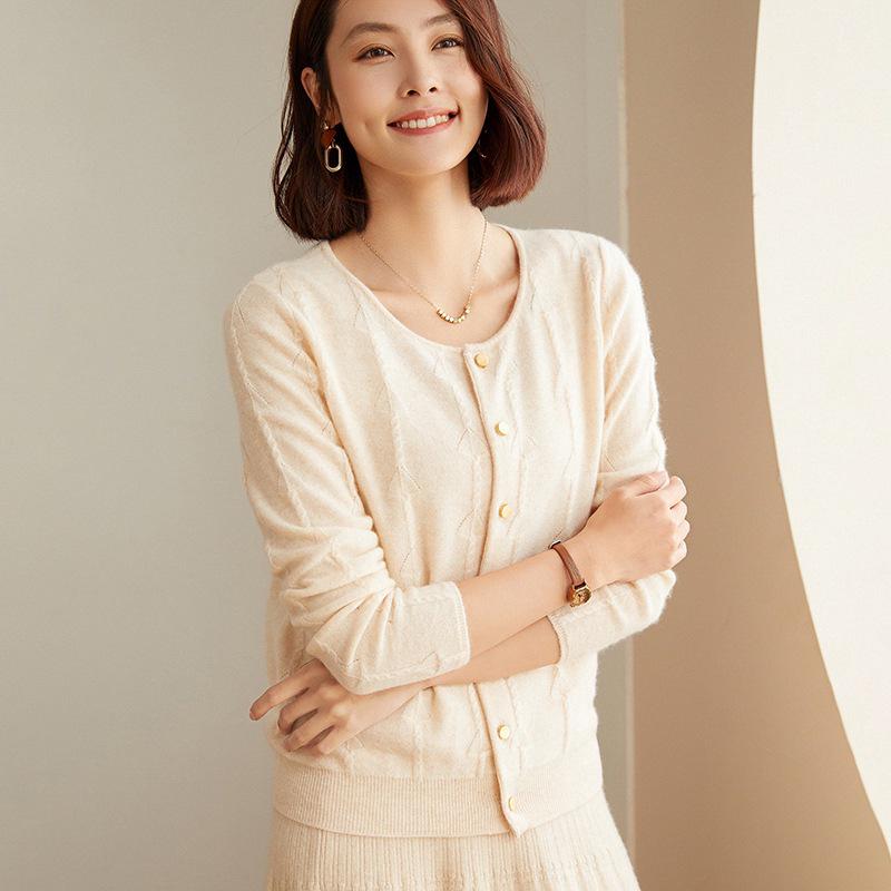 Women's 100% Cashmere Wool Cardigan: Autumn/Winter Round Neck Long Sleeve Sweater