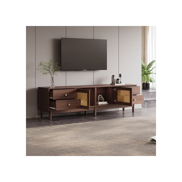 TV Stand - MUVOE - 180 Cm - Dark Wood - 2 Rattan Doors - 4 Spacious Drawers