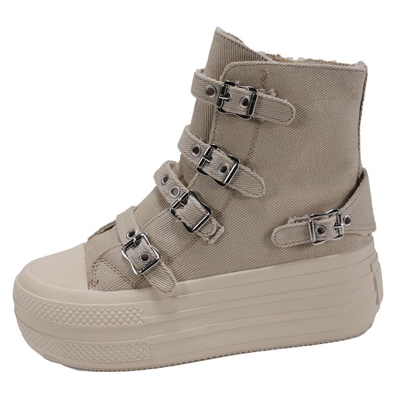 Fashion Women's High Top Canvas Sneakers Design Buckle Strap Zip Simplicity Female Shoes 2025 High Street Grace Waling Shoes