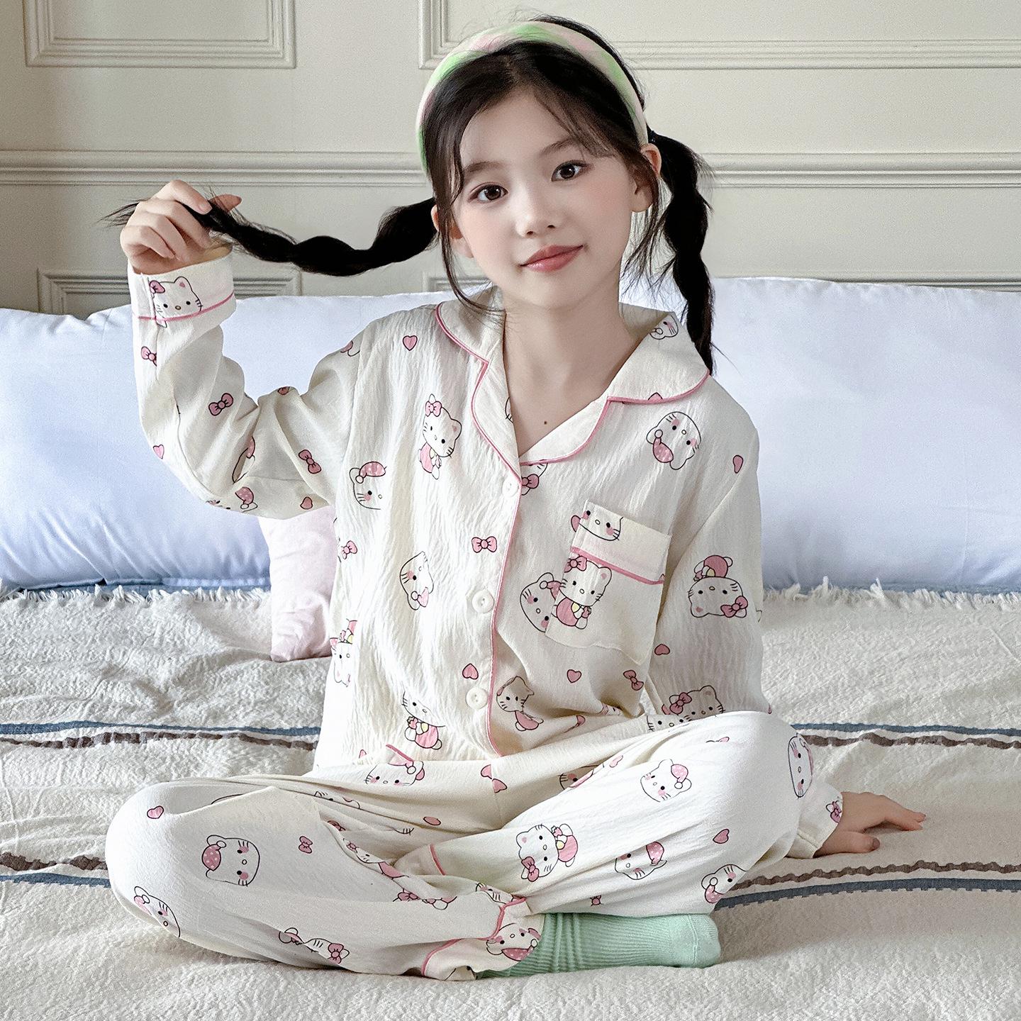 

Хлопковый пижамный комплект для девочек, осень 2025: Домашняя одежда с длинным рукавом для маленьких и больших девочек 150cm