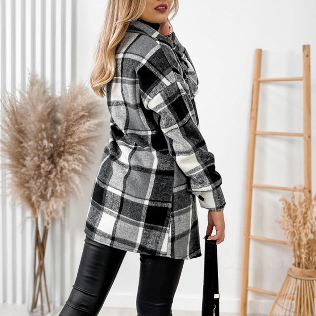 Women's Long Sleeve Single Breasted Plaid Print Shirt Collar Woolen Jacket Outwear