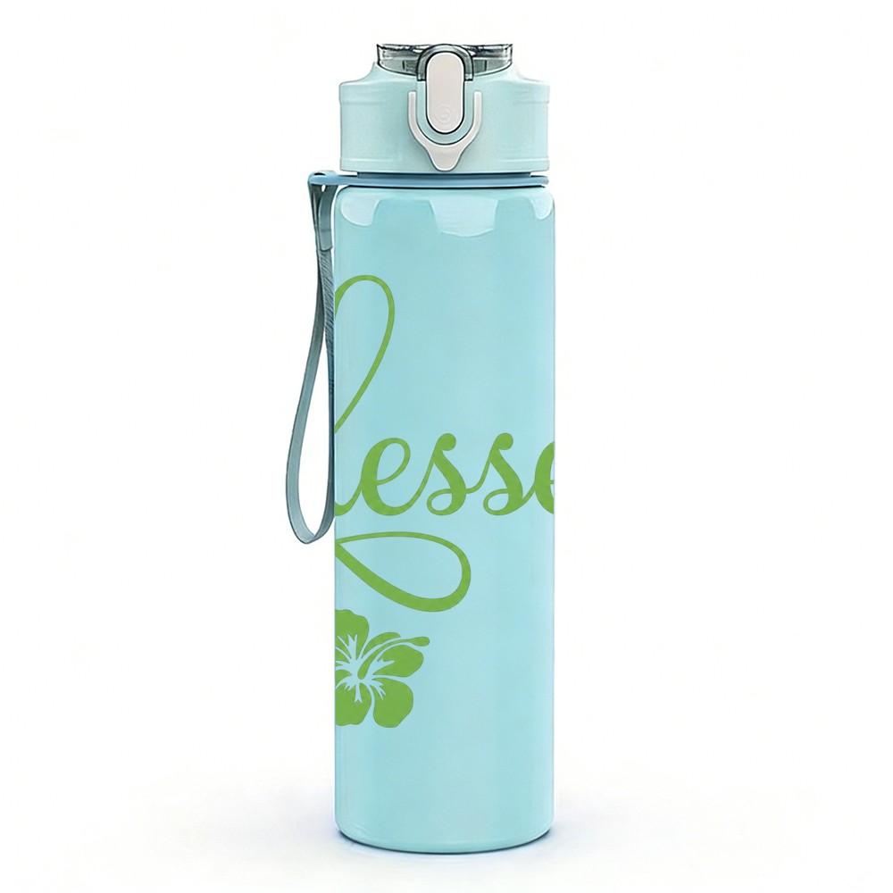 1PC Blessed Green Cursive Letter Print 750ml Color Plastic Sports Water Bottle Leakproof Flip Straw Lid Suitable for Sports Office Home Use