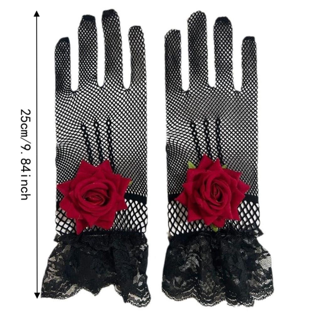 Rose Flower Fishnet Gloves Thin Mesh Mittens Unique Lace Gloves  Party