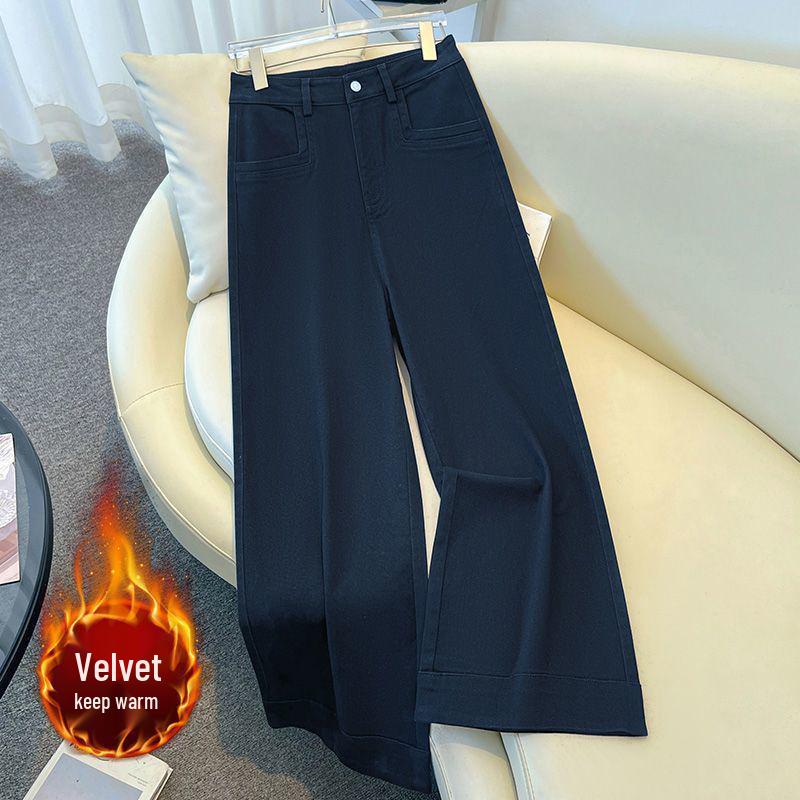 Women's Fleece-Lined Wide-Leg Pants: Solid Color, New Autumn/Winter Straight-Leg Petite Jeans.