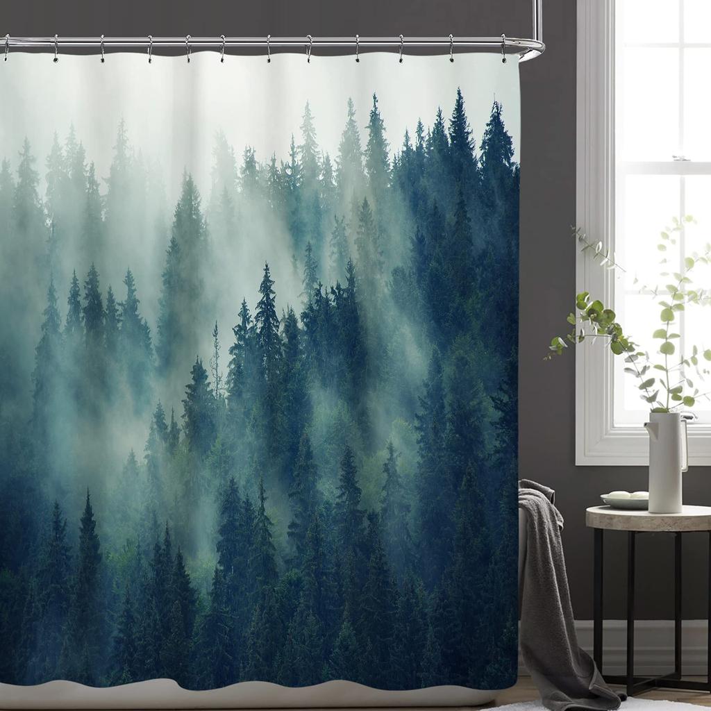 Misty Forest Woodland Shower Curtains Nature Shower Curtain Fall Shower Curtain Waterproof Polyester Fabric Home Decor with Hook