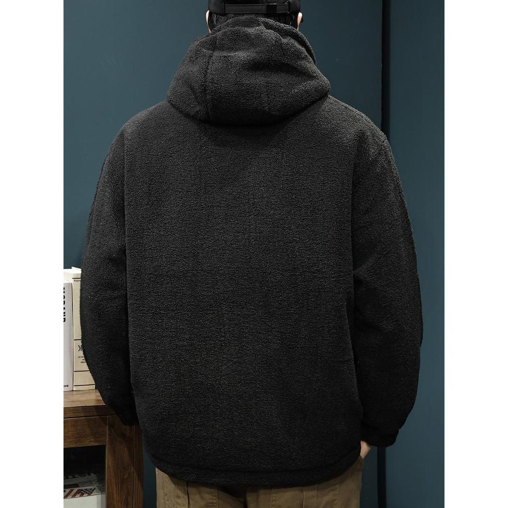 Pánský svetr s kapucí a výstřihem do V, větší velikost, z jehněčí vlny a bavlny - Zimní, teplý, trendy oversized design