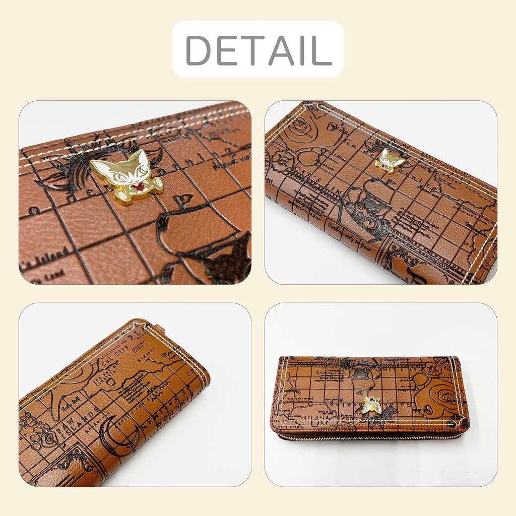 K-PARTS Bebe Dayan Compass Rose Round Zipper Long Wallet for Women and Girls, Bebe Dayan Cat Design, Cute Cat Accessories, Gift, Wachifield Map,