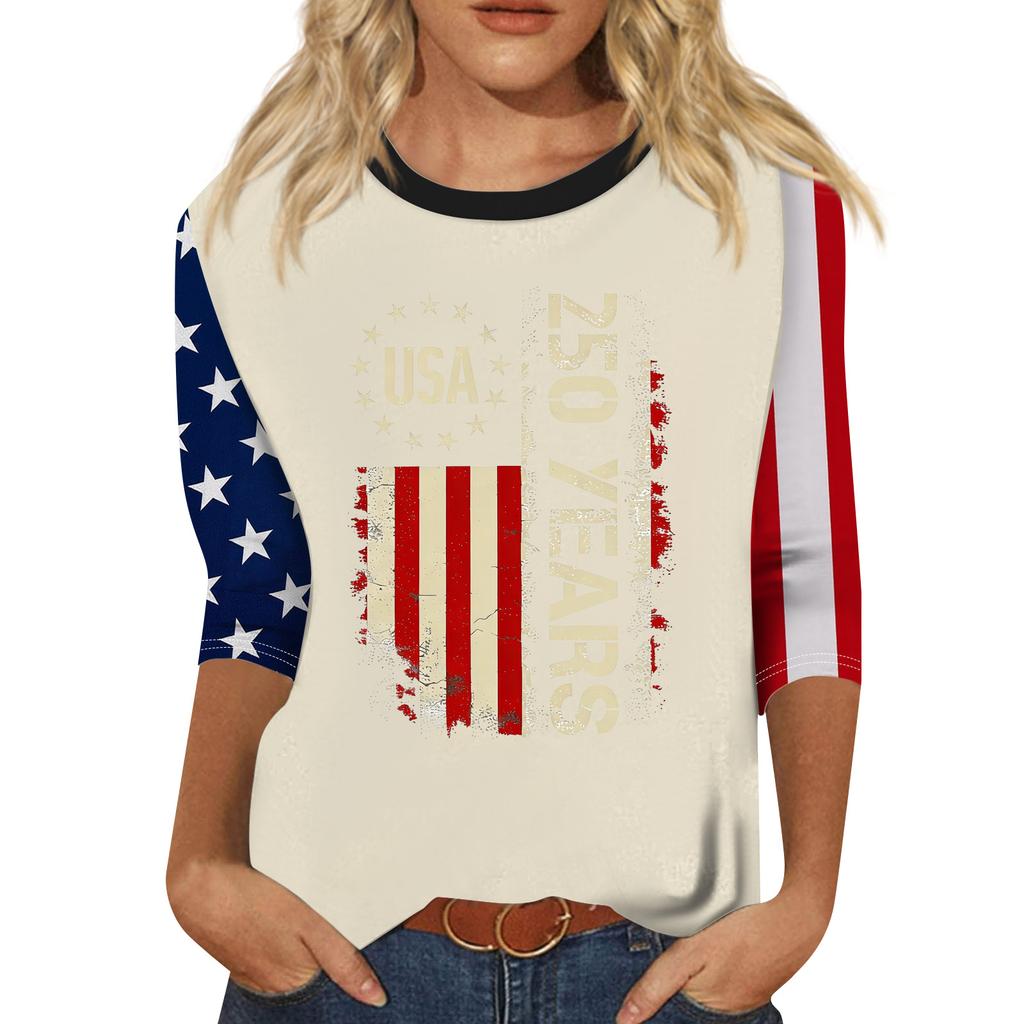 Women's Fashion Casual Seven-Sleeve Independence Day Print Round Neck Top