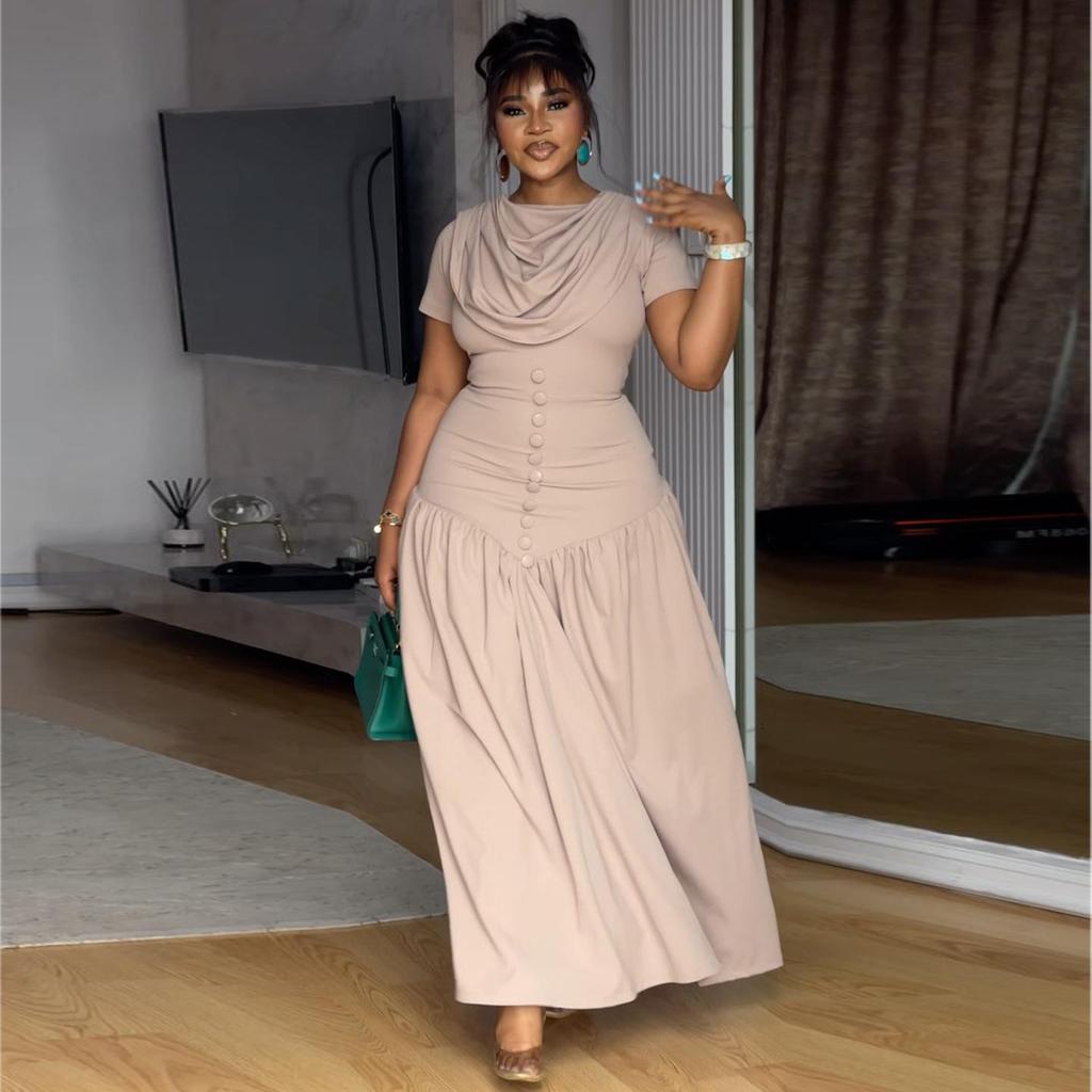 2026 Spring European & American Elegant Waist-Cinching Short Sleeve Solid Color Scarf Collar Dress