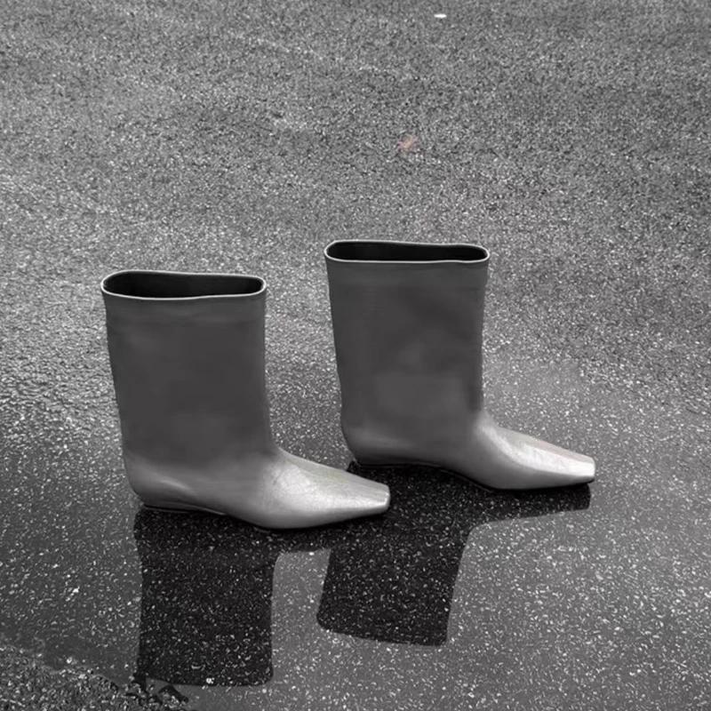 Autumn New Retro Square Head Show Skinny Loose Sleeve Booties Wide-leg Low-heel Non-slip Mid-leg Fashion Boots
