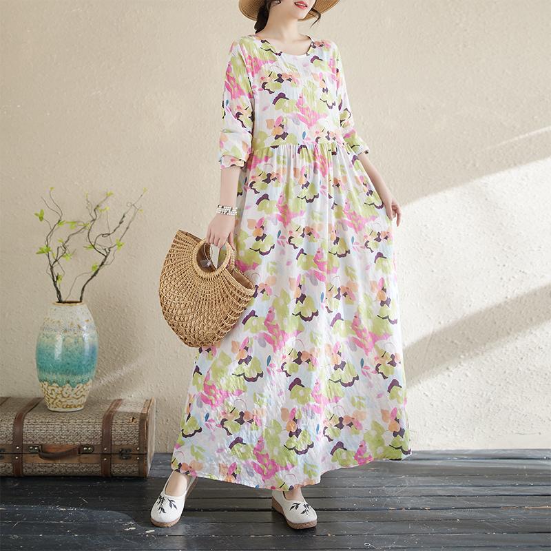 DIMANAF 2025 Women New Plus Size Spring Long Dress Vintage Basic Long Sleeve Loose Casual Maxi O-Neck Printing