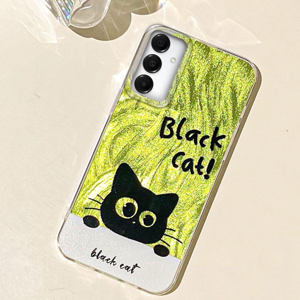 Green Cute Black Cat Camlet Texture Phone Case for Samsung Galaxy A55 A56 A36 A26 A16 A53 A06 A14 A24 A34 A54 A15 A25 A35 Cover