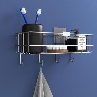 Badezimmerregal aus Edelstahl für die Wand | Selbstklebender Badezimmer-Organizer | 4 Haken für Handtuchhalter | Platzsparendes wandmontiertes Badezimmerregal