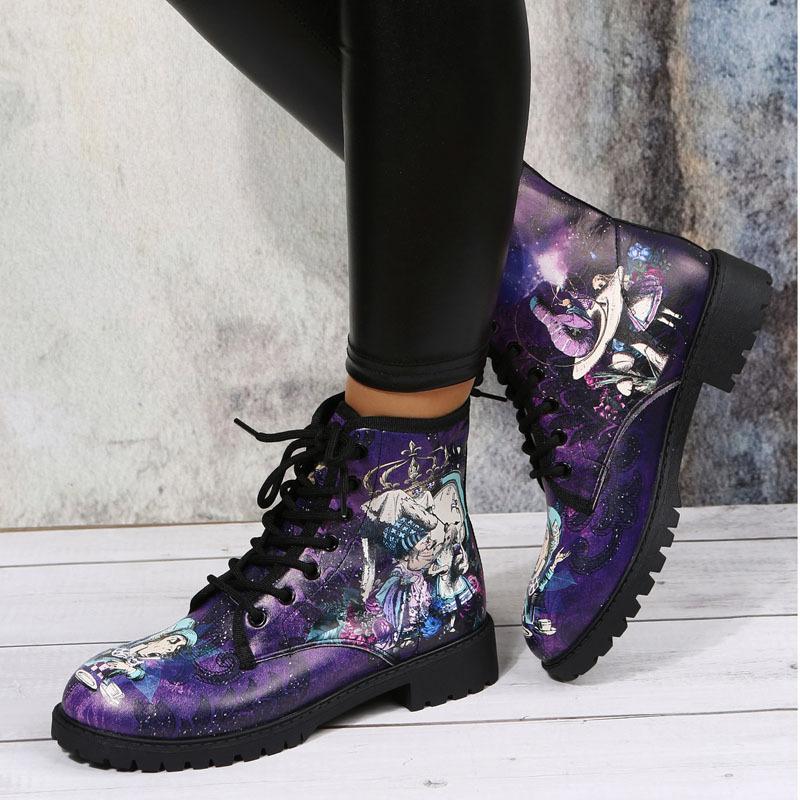 Herbst neue Cartoon-Druckmuster runder Kopf flacher Absatz Schnürstiefel Kinderstiefeletten große Größe