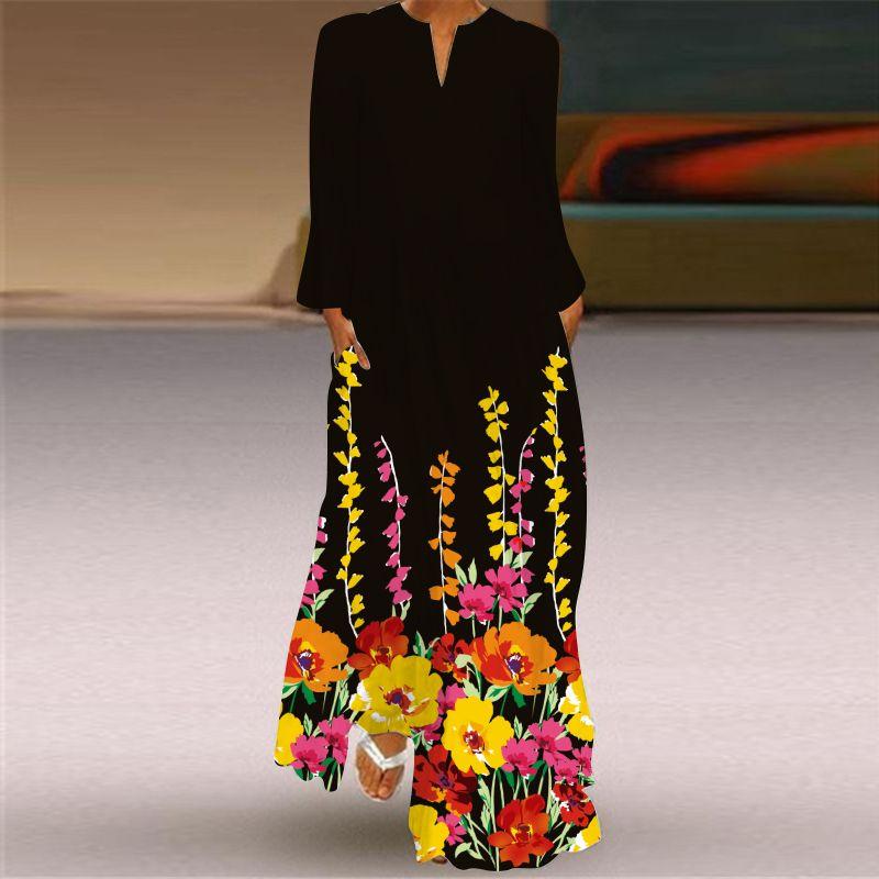 Fashion Style Spring and Summer Fashion New Women's Retro Butterfly Print Long Dress Export V Neck Long Sleeves Pocket Dress