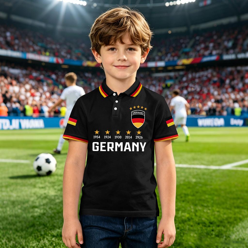 Kids Polo Shirt with Printed National Emblem and Championship Years Design Short Sleeve Button Collar Casual Top for Boys