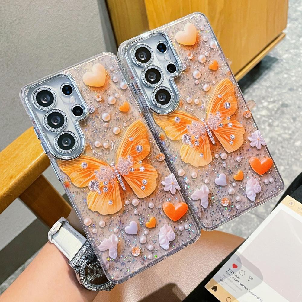 Sparkling Diamond Butterfly Pearl Pattern Case For Samsung S26 Ultra S25 S24 Plus S23 Ultra Soft Bling Glitter Silicone Cover