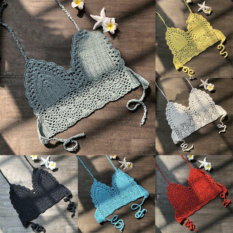 Crochet Women Lace Vest Crop Top Knitted Bra Boho Beachwear Bikini Holiday Tank