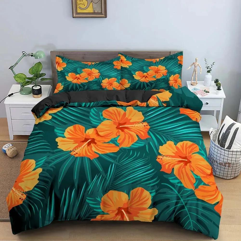 Tropical Flower Leaf Duvet Cover King Queen Colorful Vintage Floral Bedding Set for Adults Women Boho Polyester Comforter Cover
