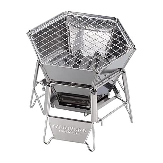 CAPTAIN STAG Bonfire Stand Barbecue Stove Grill 2 In 1 Hexa Stainless Steel Fire Grill Tabletop Grill S Size Stainless Steel Storage Bag Included