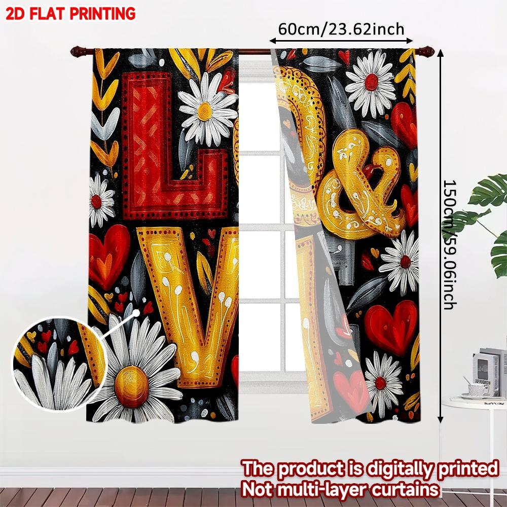 2pcs LOVE Floral Curtains    3D Embossed Letters with Daisies Hearts On Black Background for Romantic Bedroom Decor