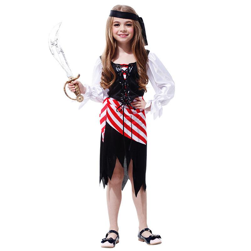 Enchanting Pirate Costume For Girls With Striped Irregular Hem For Halloween Fun