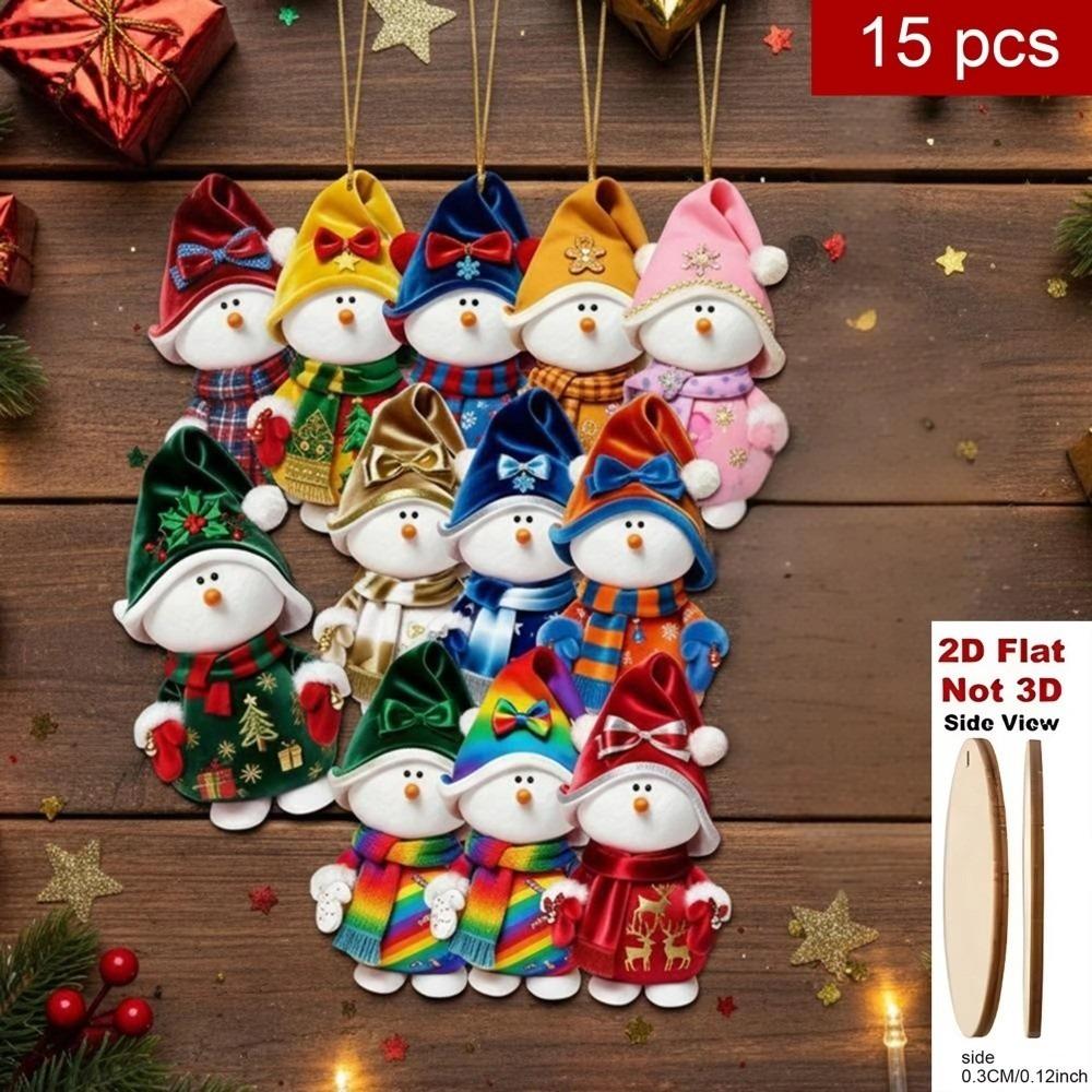 15Pcs 2D Colorful Christmas Snowman Doll Ornaments Rustic Wooden Hanging Decoration Cartoon Wooden Pendant Holiday Decor