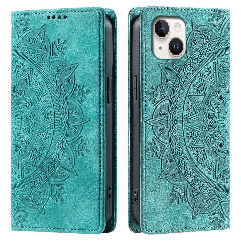 for iPhone 15 Plus,14 Plus,13 Mandala Embossed PU Leather Flip Wallet Case Magnetic Closure Cover