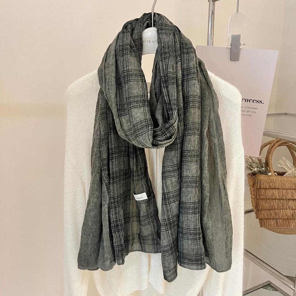 New British Women Scarf Versatile Linen Plaid Cotton And Linen Scarves Thin Long Shawl Autumn And Winter Vintage Scarf 80*190Cm