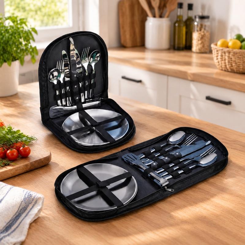 Compact Camping Dinnerware Set for Two with Plate and Cutlery, Ideal for Outdoor Travel and Picnics