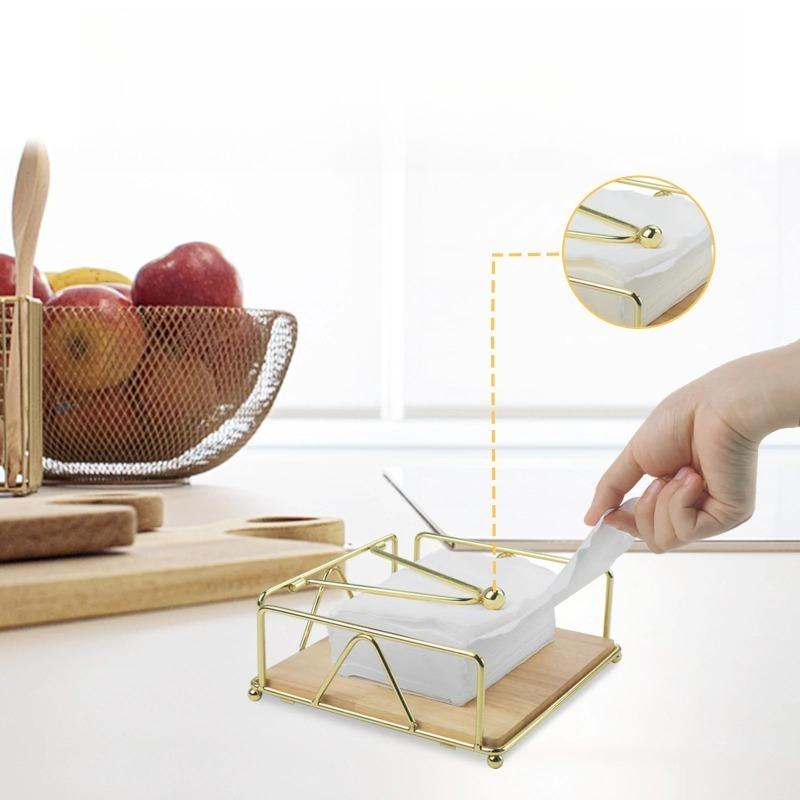 Gold Metal Napkin Holder with Solid Wood Base Ideal for Home Restaurant Hotel Cafe and Outdoor Use Efficient Tissue Dispenser