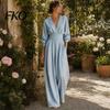 Everyday Wear Jumpsuit Women's Long Sleeve Jumpsuit, Deep V Neck Loose Wide Leg All Day Comfort Rompers, High Waist Summer Casual One Piece
