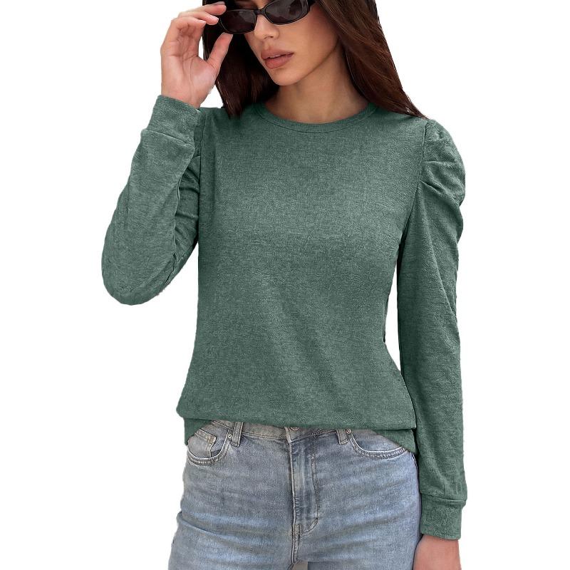 Women Loose Round Neck Pleated Puff Long Sleeve Solid Color T Shirt Top