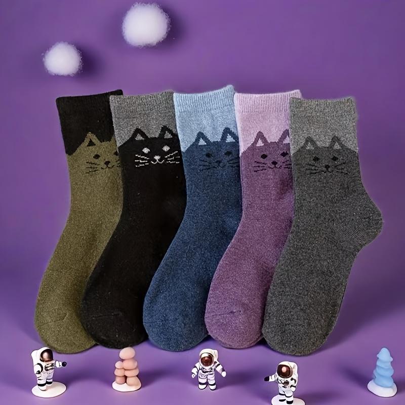 

5 pairs of comfortable cat themed winter socks - soft, warm, thick fleece blend, Christmas socks one-size