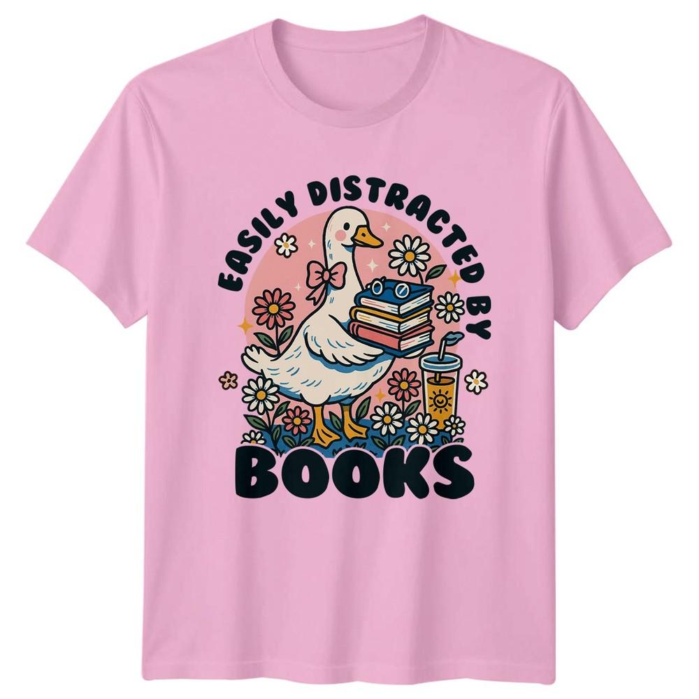 Easily Distracted By Books Unisexs TShirt Whimsical Goose Reader Literature