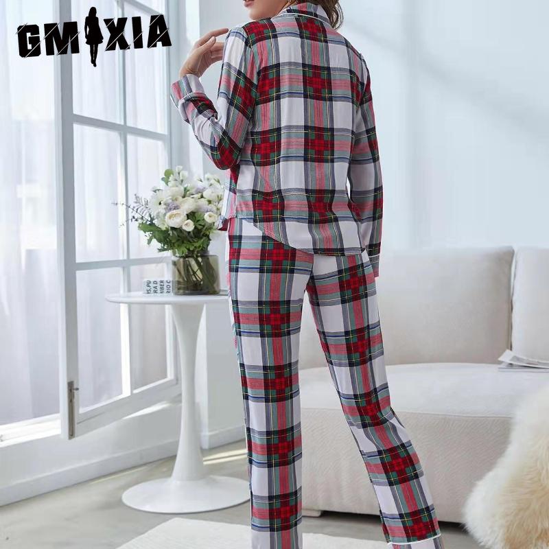 GMXIA Pyjamas Women Autumn and Winter Christmas Long-sleeved Shirt Trousers Two-piece Homewear